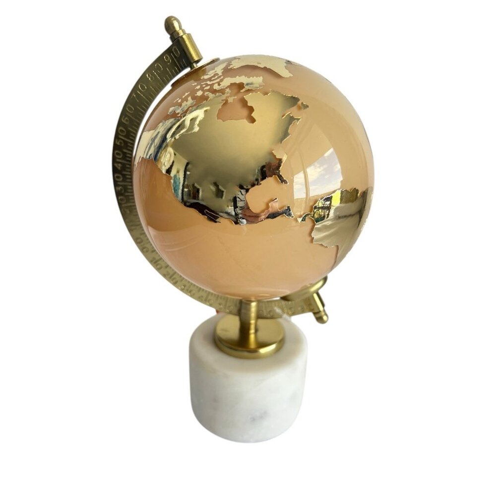 NWT Glass Globe On Marble Alabaster Stand Mirrored Gold Continents 9.5” H